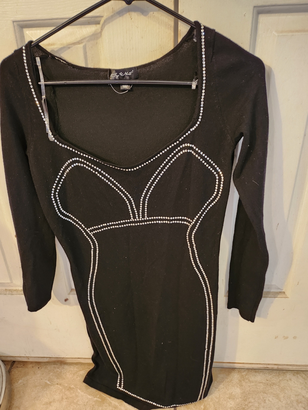 Black Long-Sleeve Embellished Bodycon Dress with Rhinestone Detail